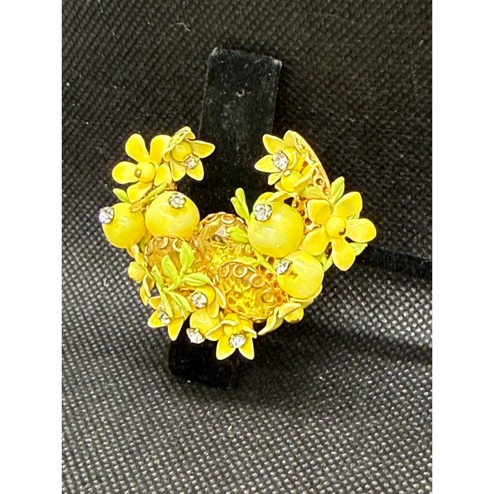 Vintage Yellow Enamel Flower Fruit Crescent Moon Brooch Rhinestone Gold Tone